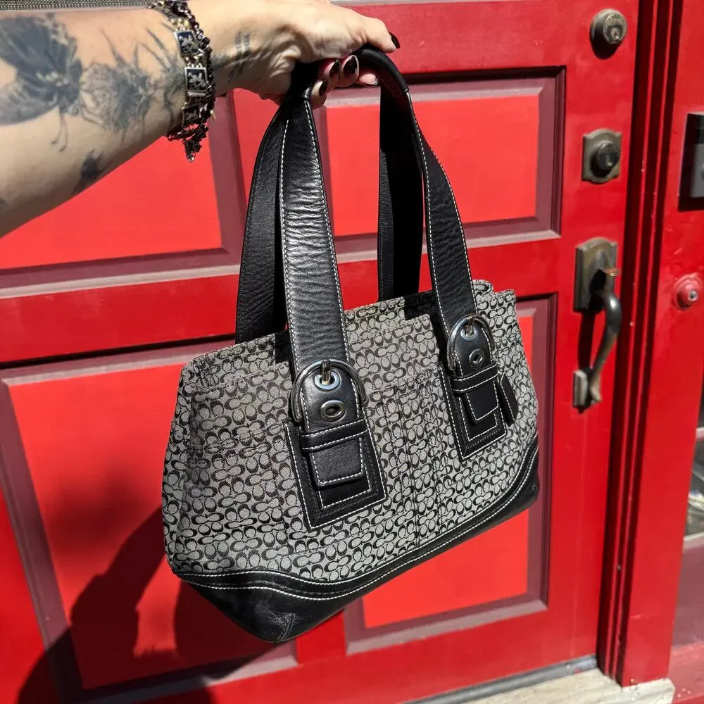 Coach Micro C Signature Jacquard Tote Bag Black Gray Leather Trim F19664